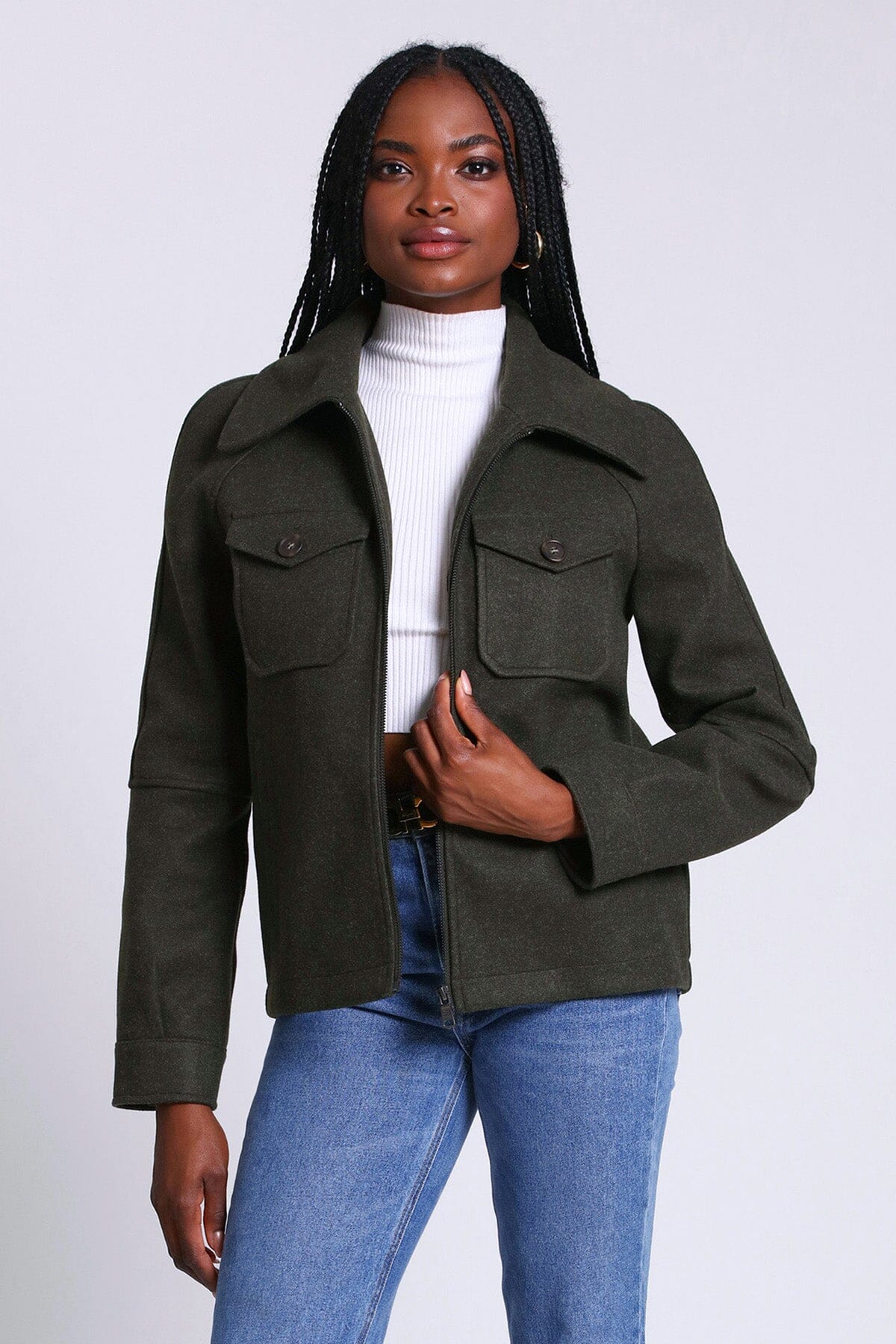 olive green relaxed full zip front jacket shacket - figure flattering casual lightweight shirts jackets shackets for women