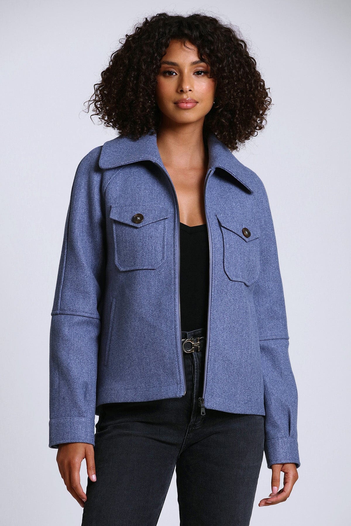 storm blue relaxed full zip front jacket shacket - figure flattering day to night coats jackets shackets for women