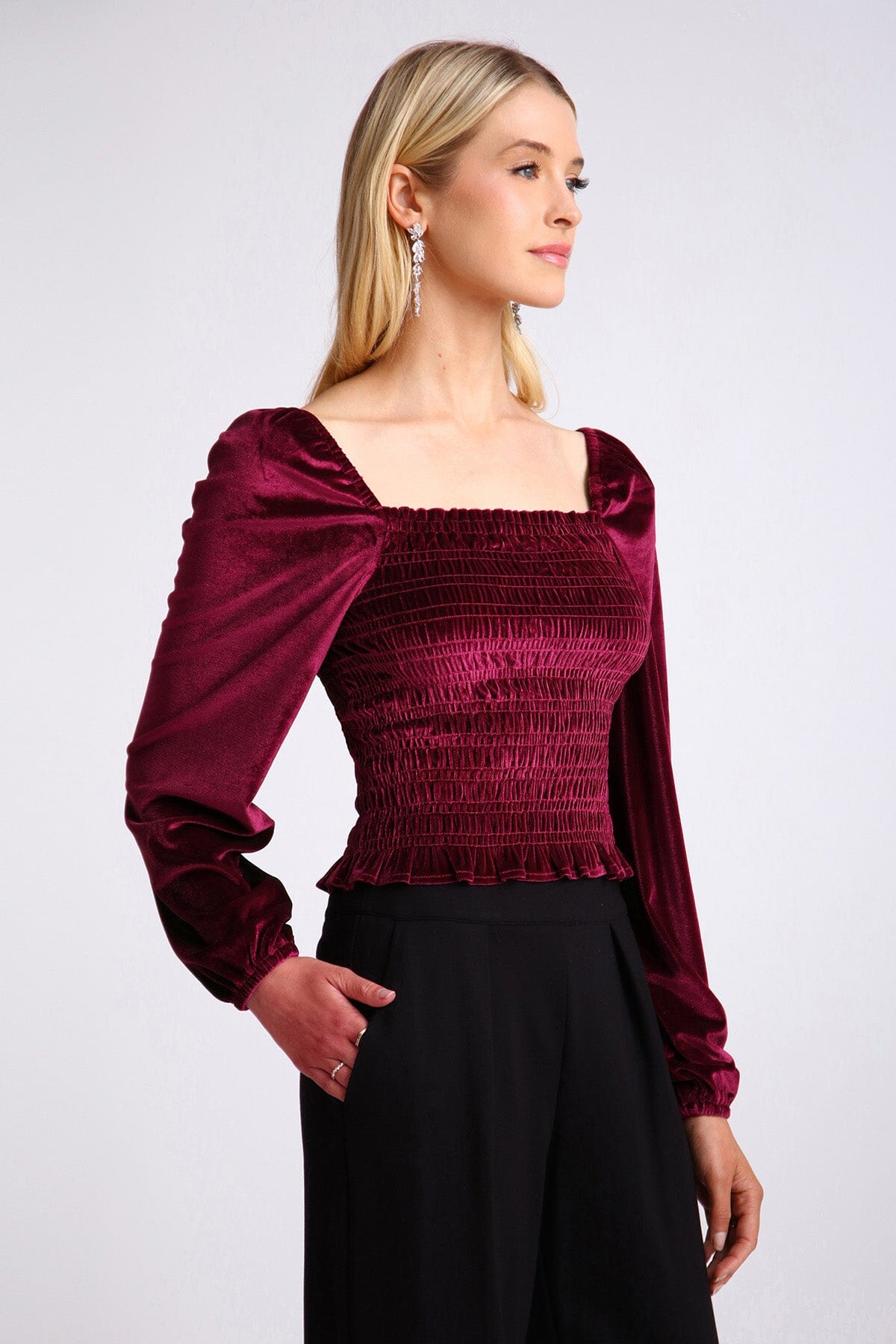Deep red smocked velvet prairie long sleeve dressy blouse top by Bagatelle 