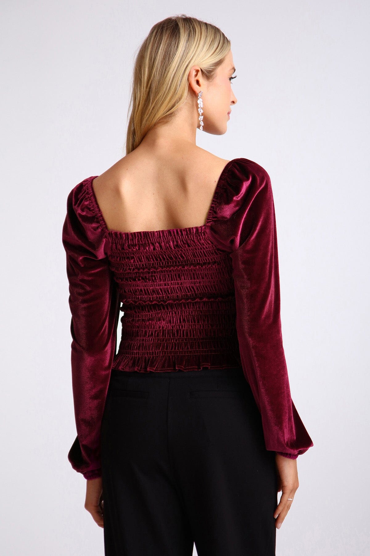 Deep red smocked velvet prairie long sleeve blouse top by Bagatelle 