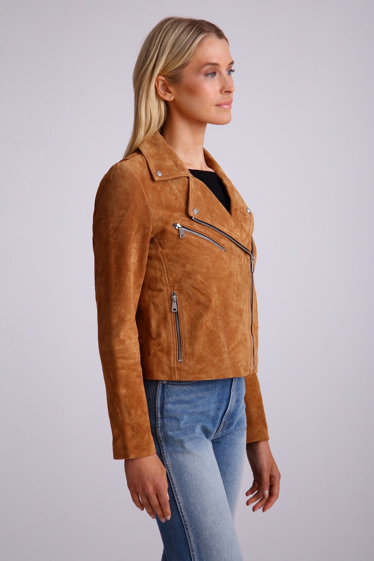Brown Genuine real Suede Biker Jacket Outerwear Bagatelle NYC fashion for ladies