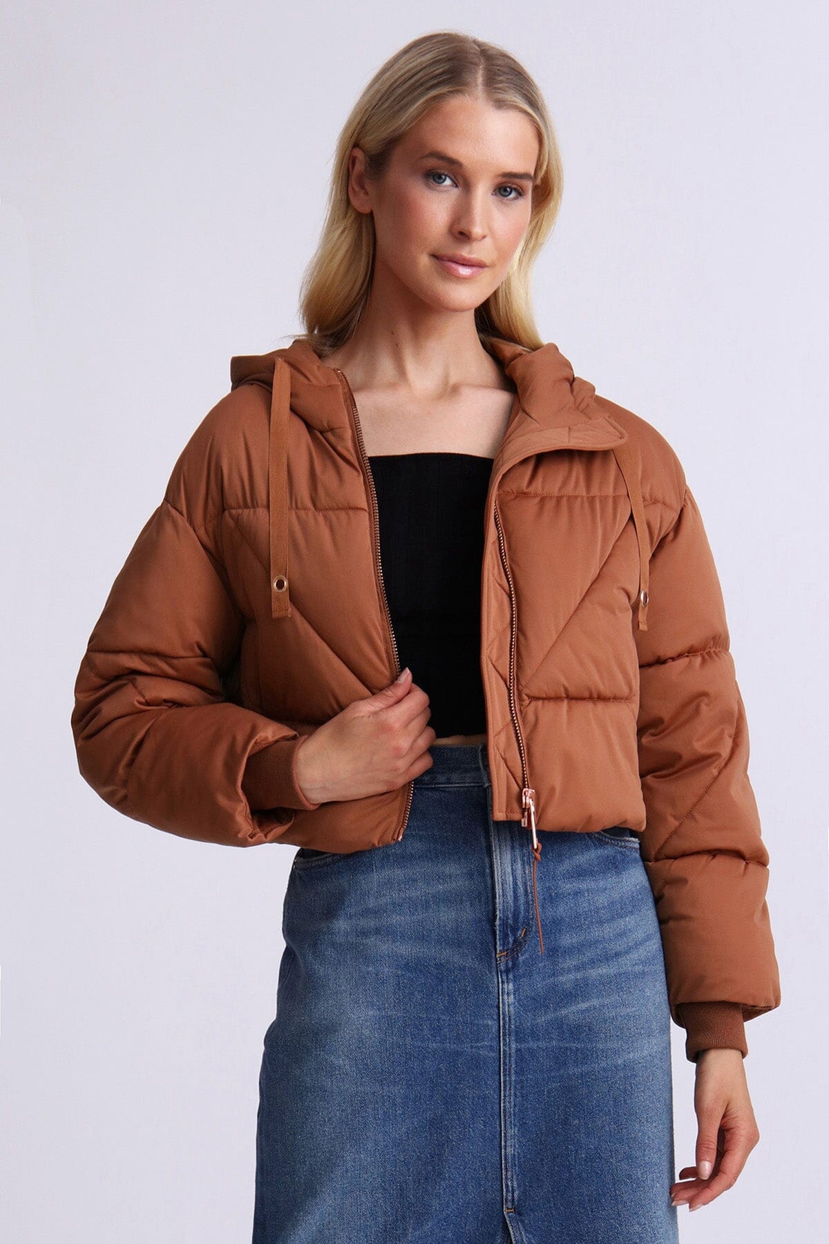 Cedar brown thermal puff cropped knit puffer jacket coats jackets by Avec Les Filles 