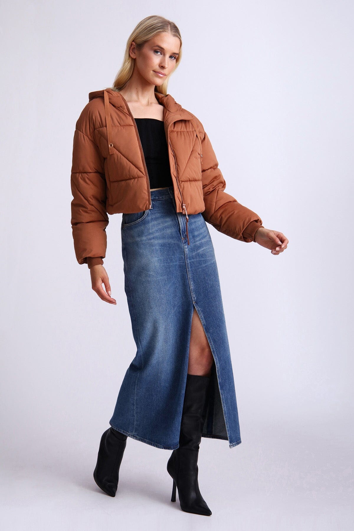 Cedar brown thermal puff cropped knit puffer jacket - women's figure flattering vests for fall 2023 fashion trends