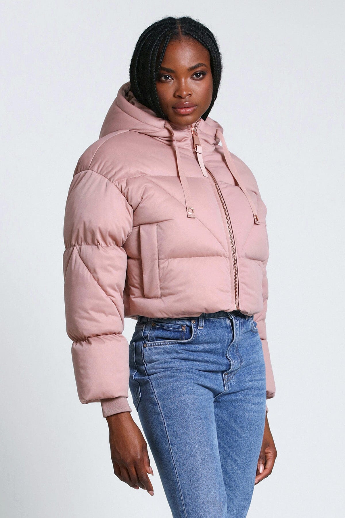 thermal puff cropped knit puffer jacket coat clay pink - women's figure flattering designer fashion day to night coats jackets