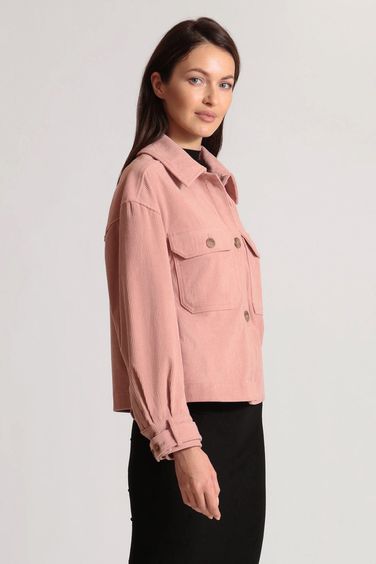 Rose pink relaxed corduroy shacket shirt jacket - women's figure flattering stylish Fall shackets jackets for women by Avec Les Filles