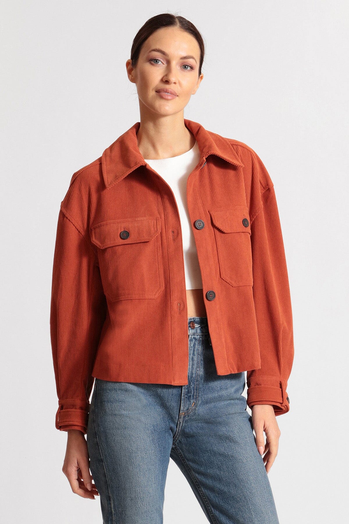 Rust orange relaxed corduroy shacket shirt jacket coat - figure flattering day to night shackets jackets for women