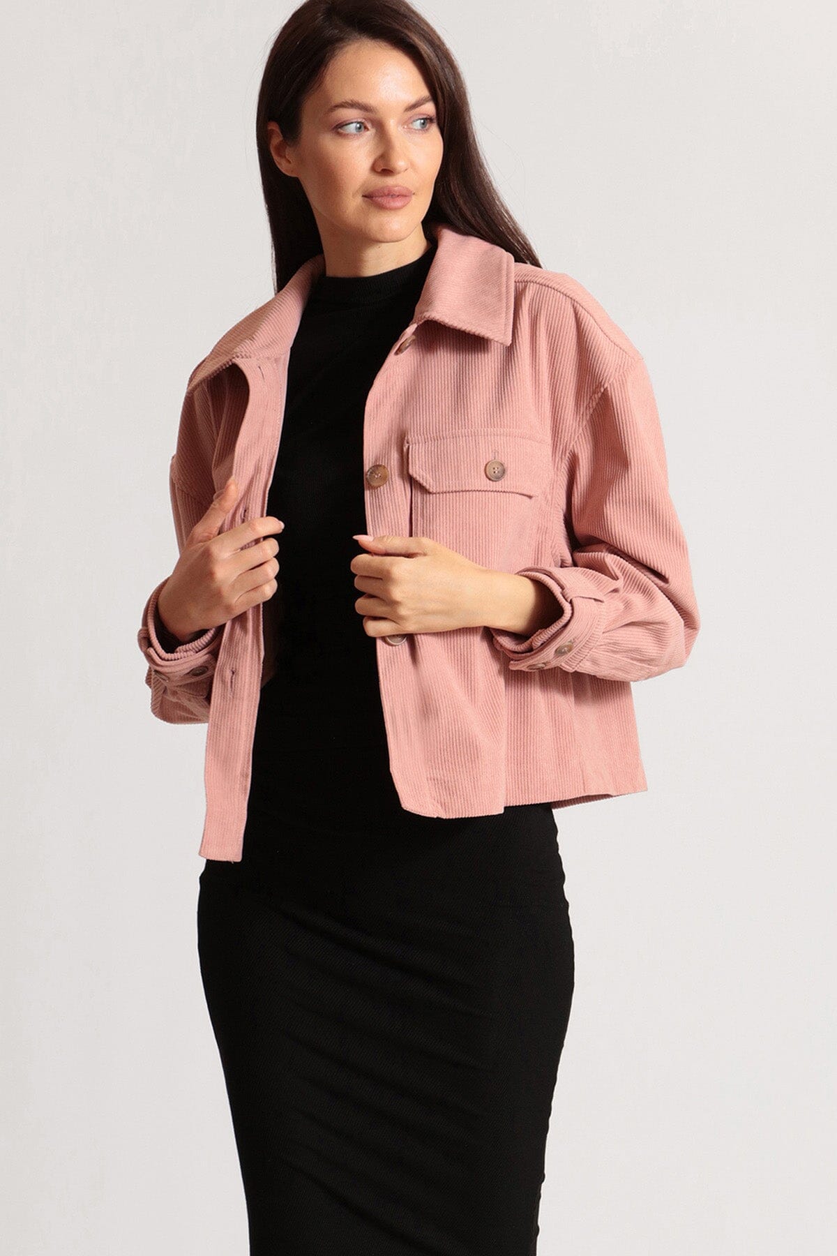 Rose pink relaxed corduroy shacket shirt jacket - figure flattering day to night shackets jackets for ladies