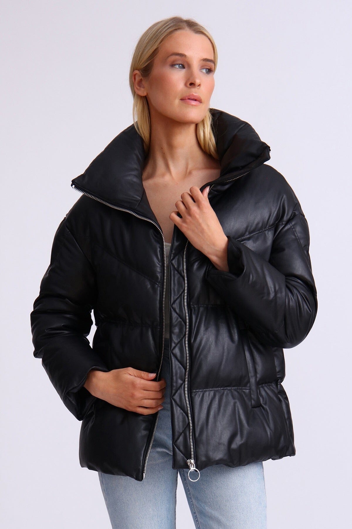 Black faux leather quilted puffer jacket coat - figure flattering winter puffers for women