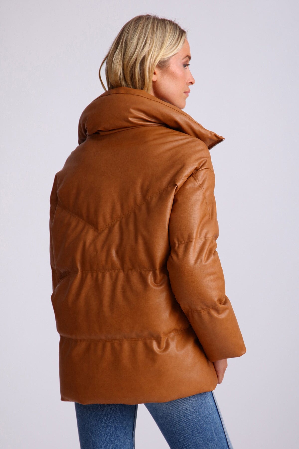 Women s faux leather quilted puffer jacket coat outerwear