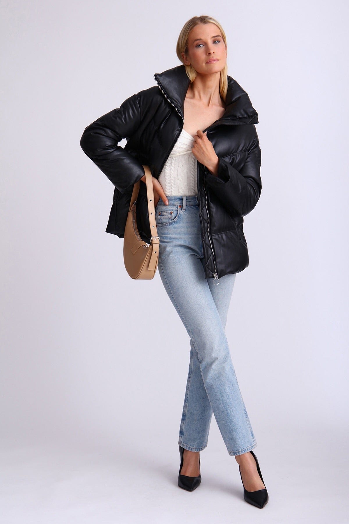 Faux Leather Quilted Puffer Jacket