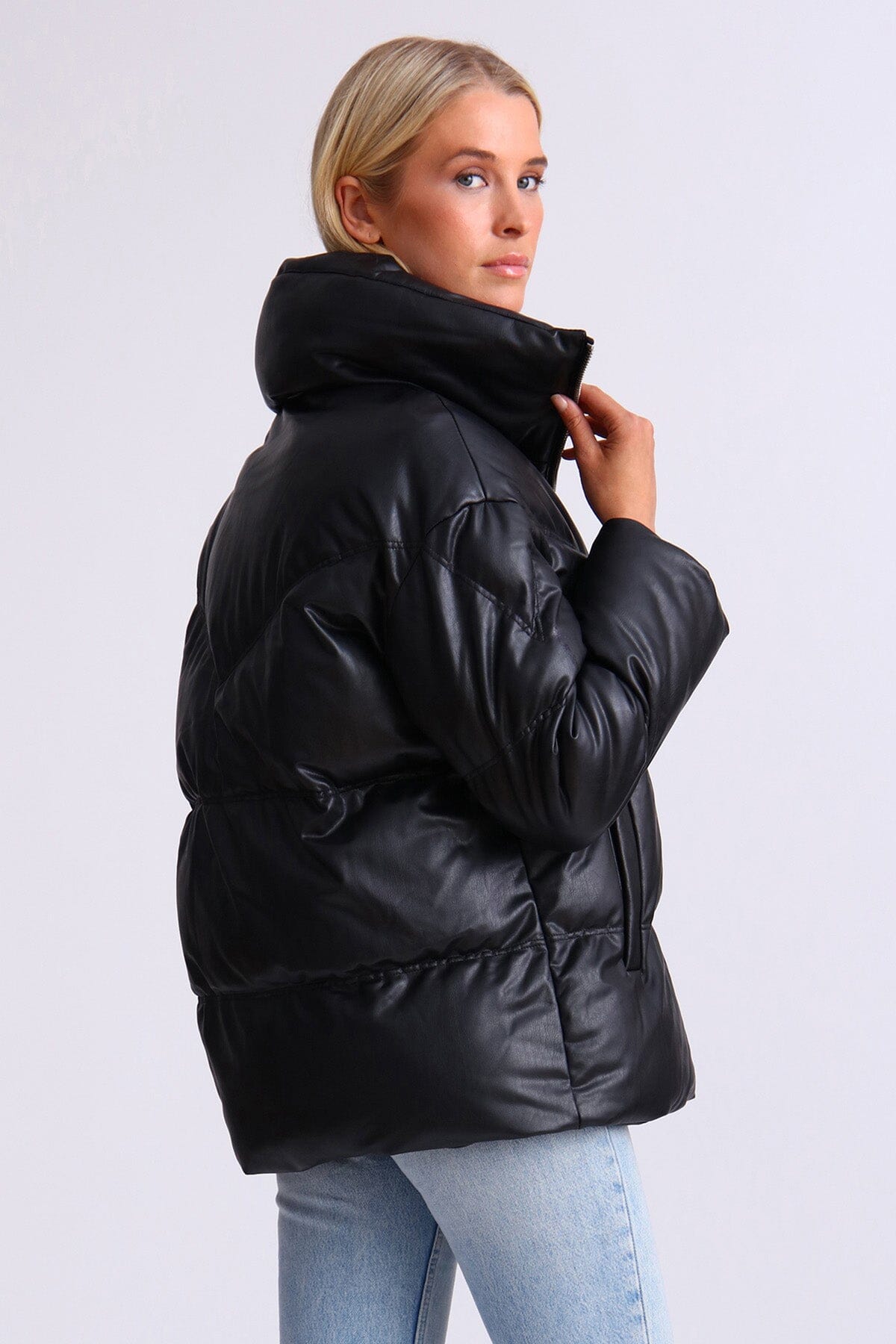 Faux Leather Quilted Puffer Jacket