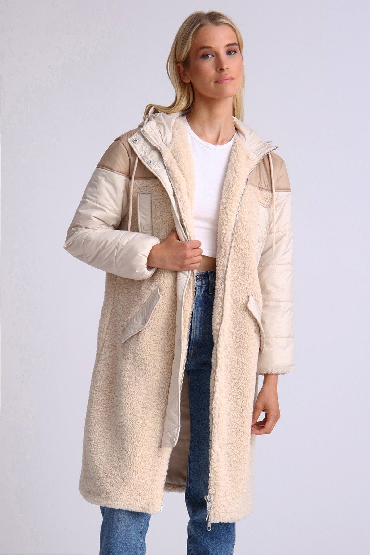 Oat beige quilted anorak faux fur long coat casual outfit outerwear