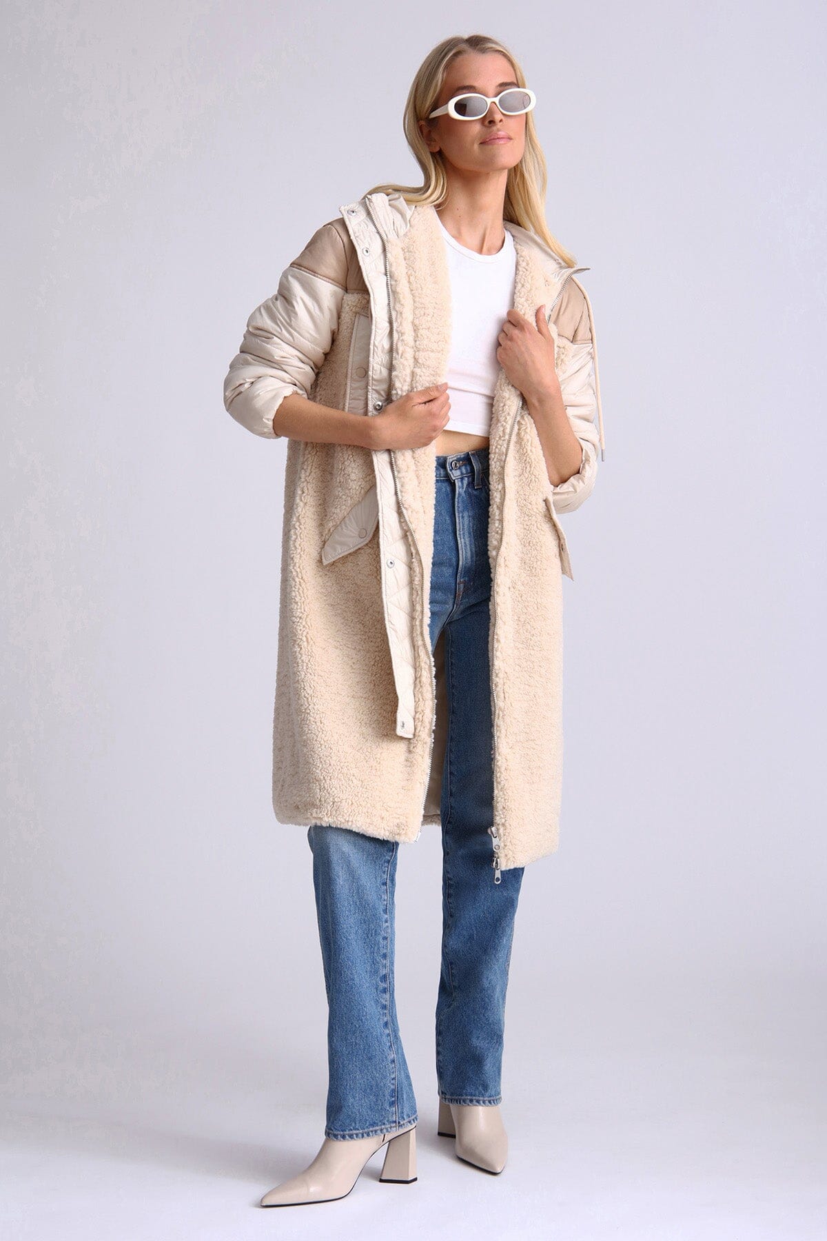 Oat beige faux fur quilted anorak long coat jacket - women's figure flattering casual outerwear for Fall 2023 trends