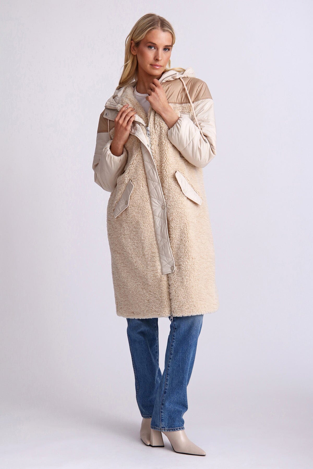 Oat beige faux fur quilted anorak long coat jacket - figure flattering day to night casual Fall 2023 outerwear for ladies