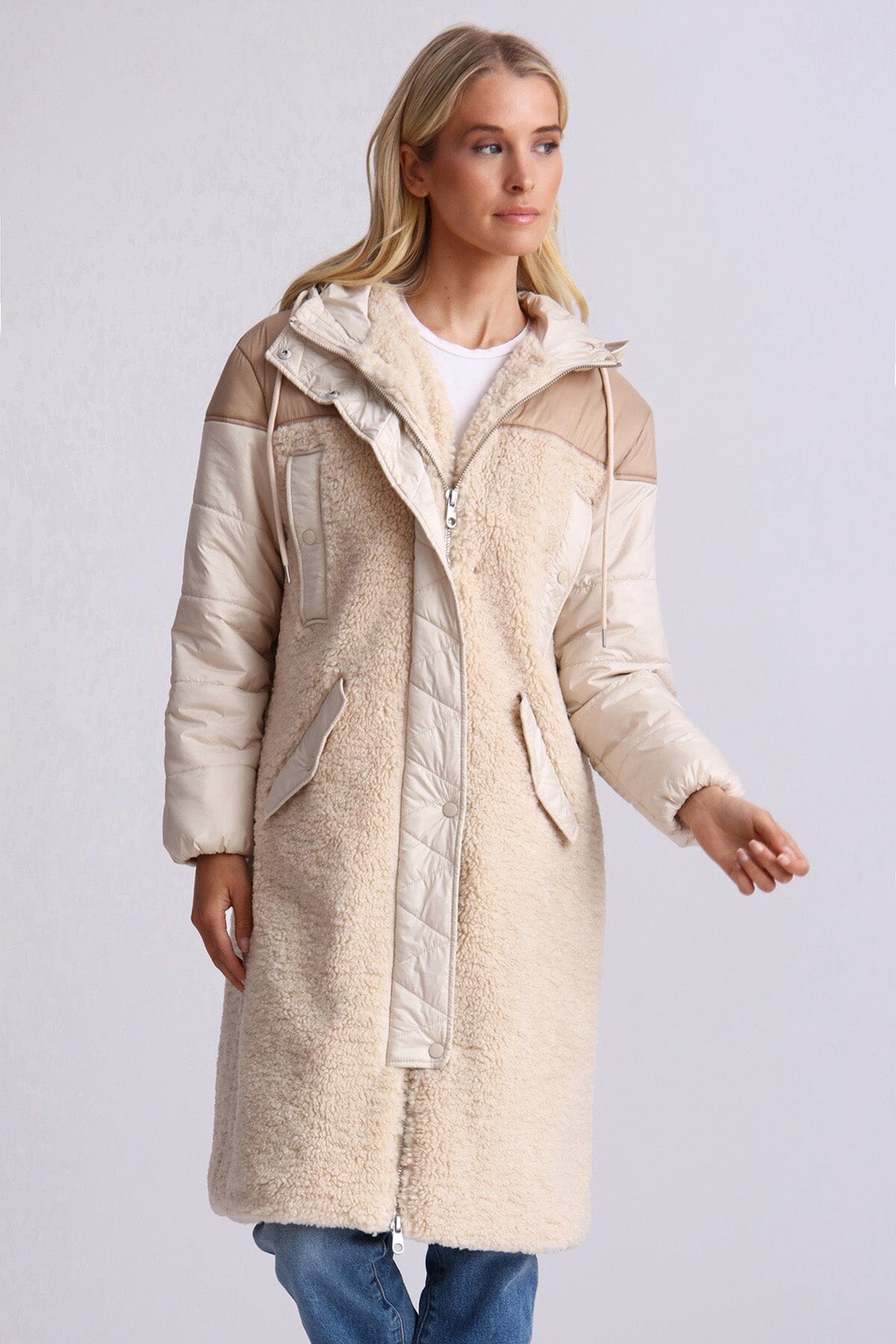 Oat beige faux fur quilted anorak long coat jacket - women's figure flattering outerwear for fall fashion trends