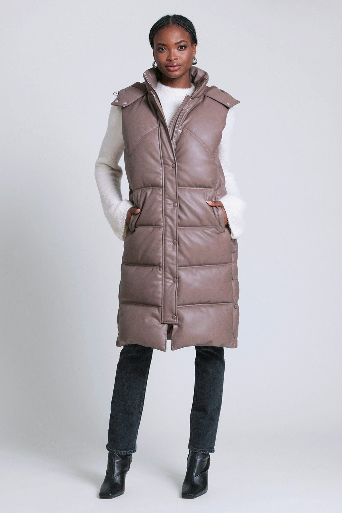 Faux-Ever Leather™ Hooded Longline Puffer Vest Vests Avec Les Filles Caribou Brown L 