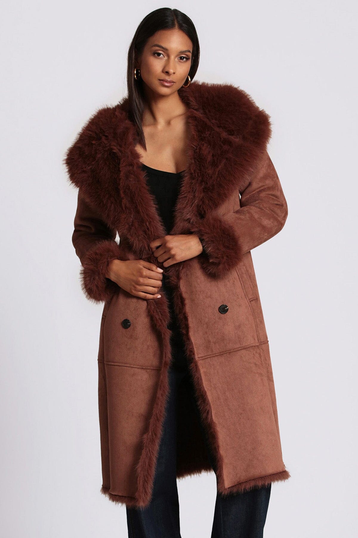 Sienna brown faux shearling hooded coat jacket outerwear by avec les filles for fall 2023