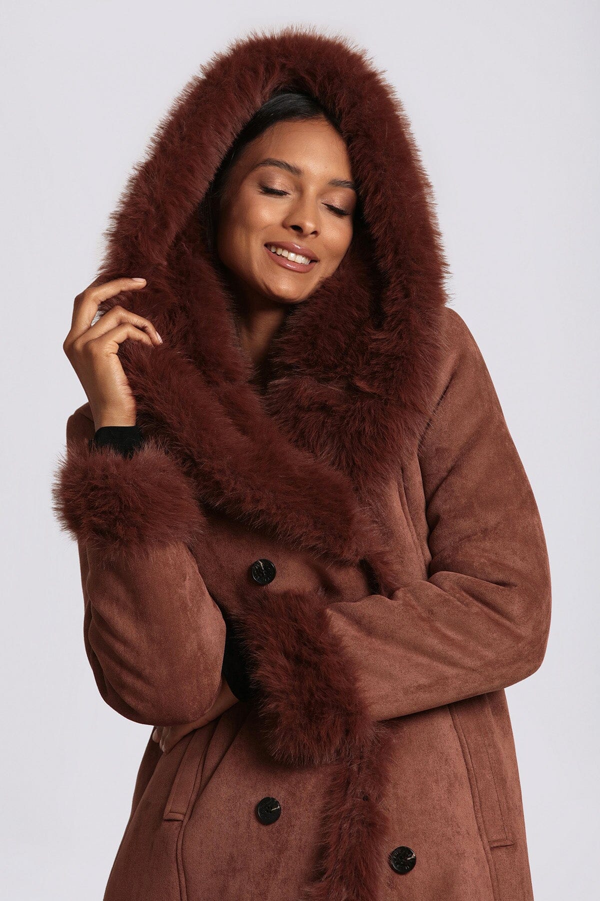 Sienna brown faux shearling hooded coat jacket - figure flattering fall 2023 coats outerwear for ladies