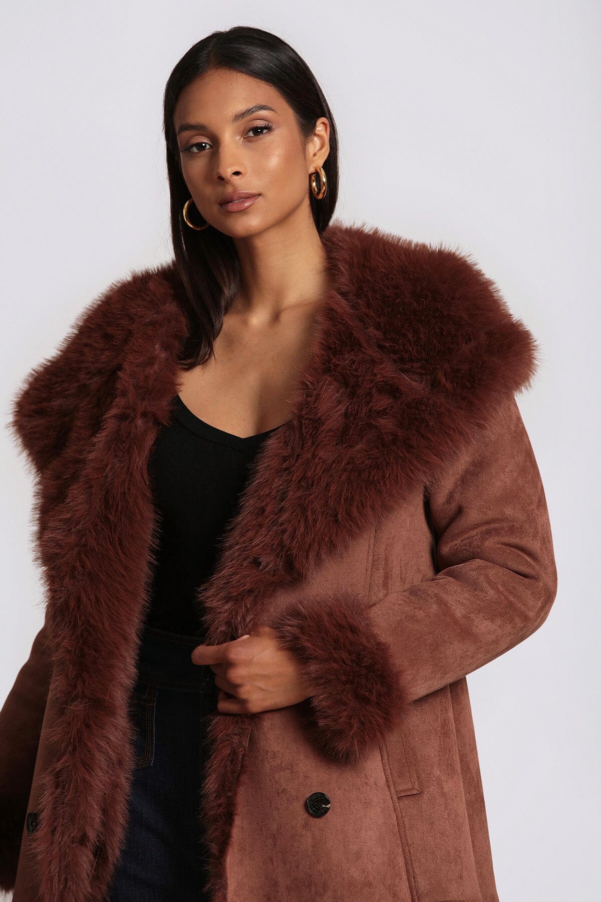 Women's Brown Faux Shearling Hooded Long Coat Jacket Outerwear