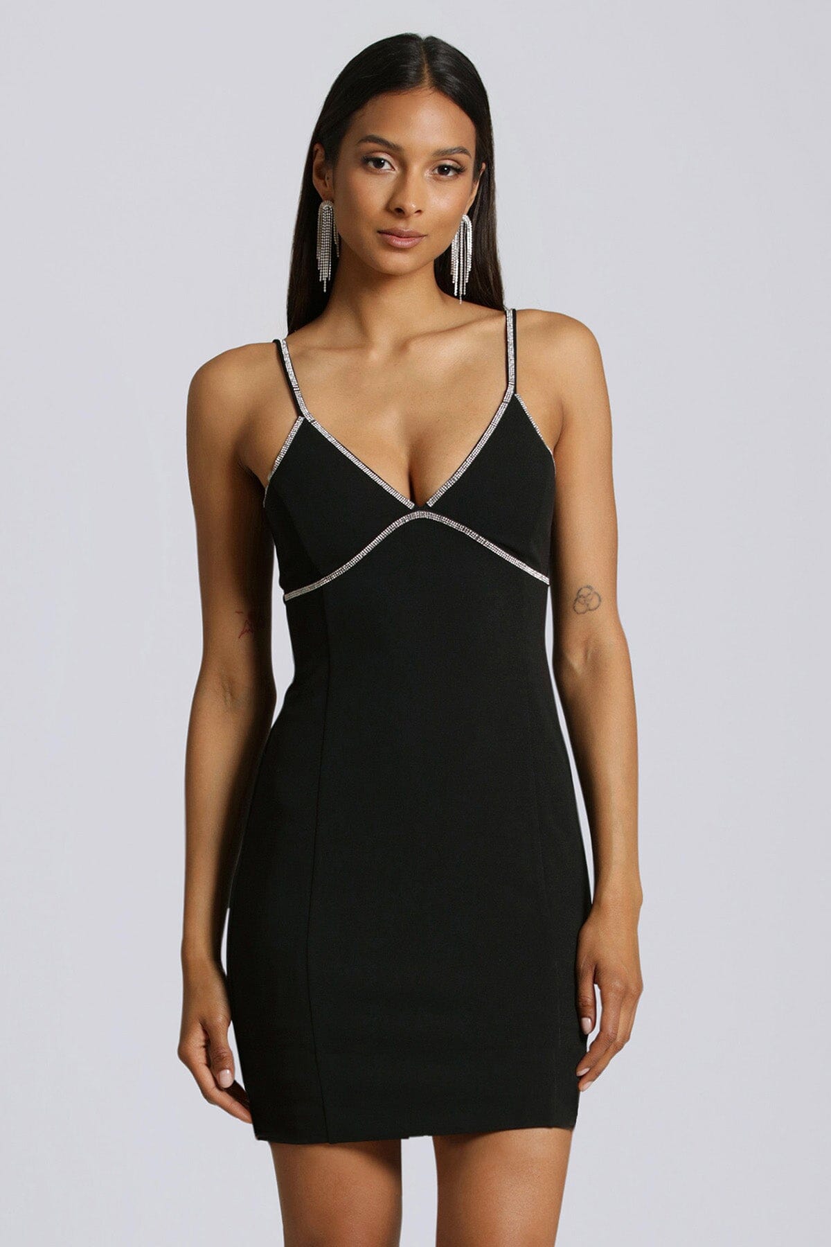Black v-neck rhinestone trim lbd mini dress - figure flattering holiday party dresses for ladies
