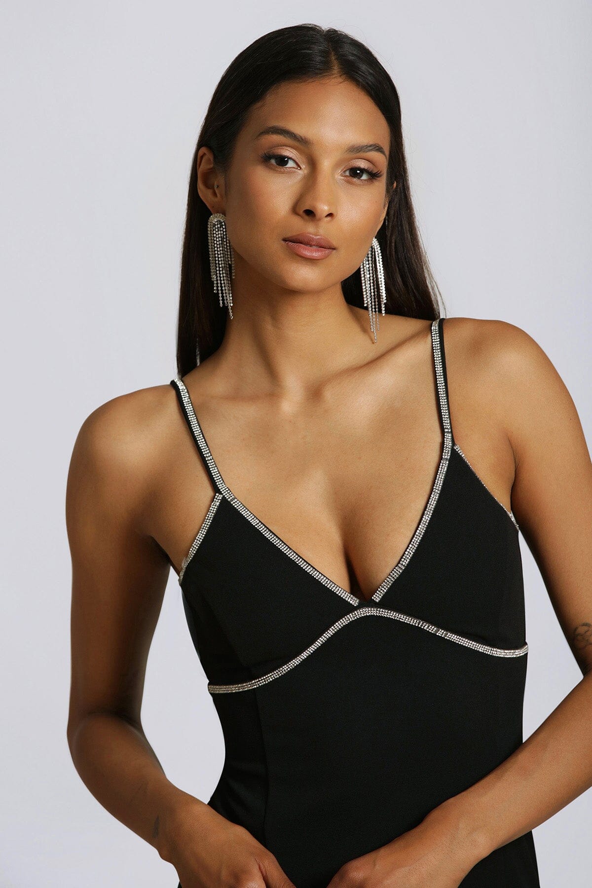 Black v-neck rhinestone trim lbd mini dress - women's figure flattering cocktail party dresses for holiday fashion trends
