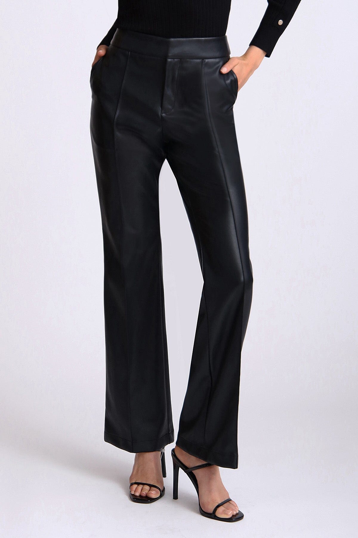 Black faux leather high waisted flare leg trouser pants by Avec Les Filles