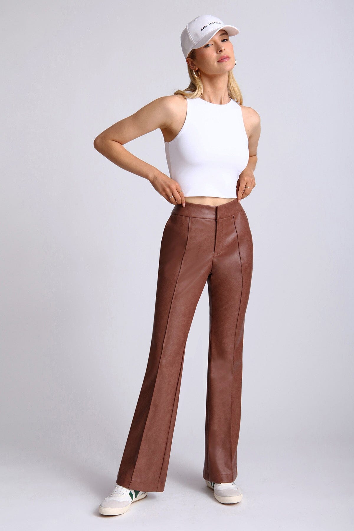 Brown faux leather high waisted flare leg trouser pants by Avec Les Filles - figure flattering day to night trousers for women