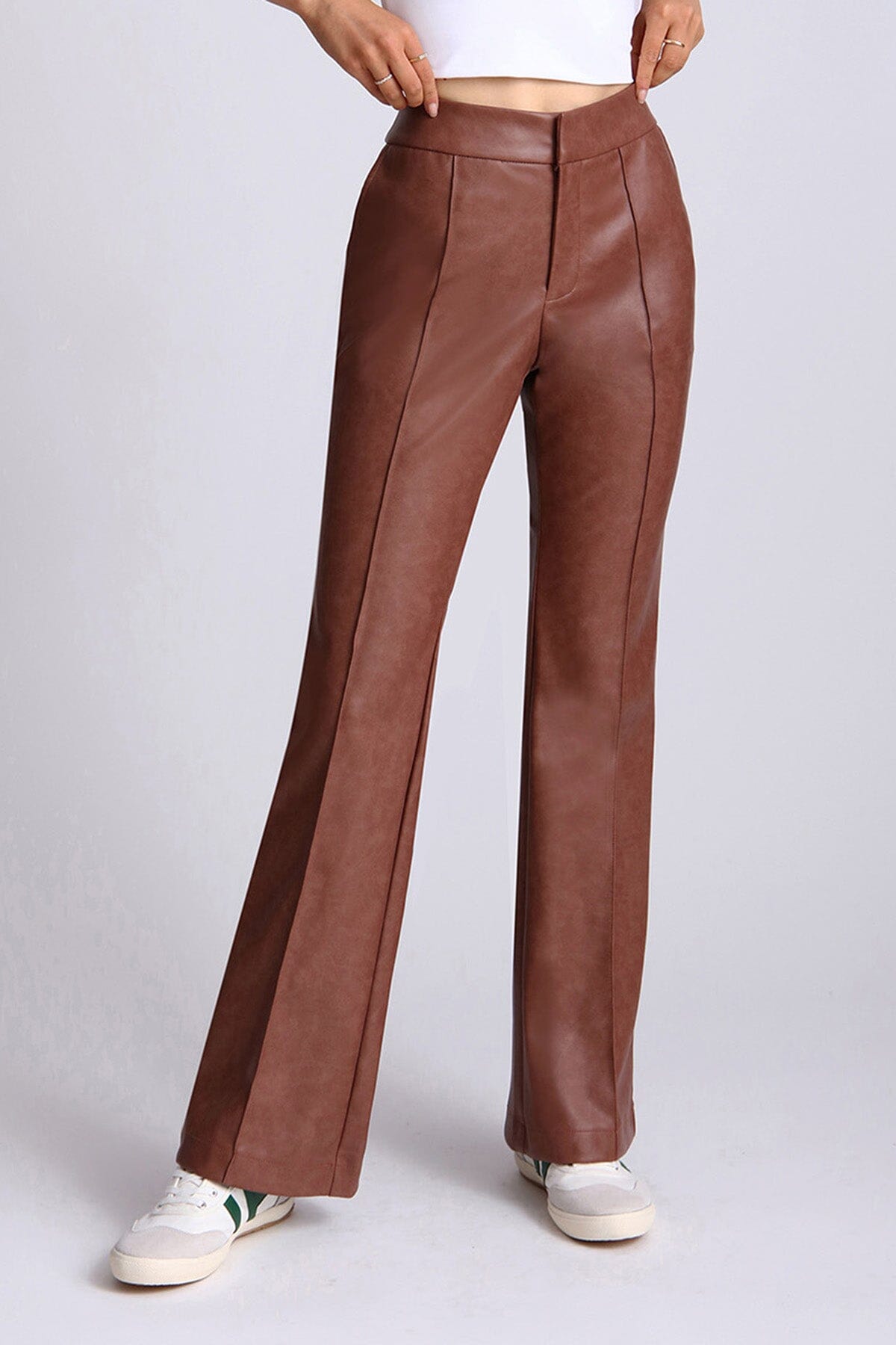 Brown faux leather high waisted flare leg trouser pants by Avec Les Filles - women's figure flattering fall fashion trends