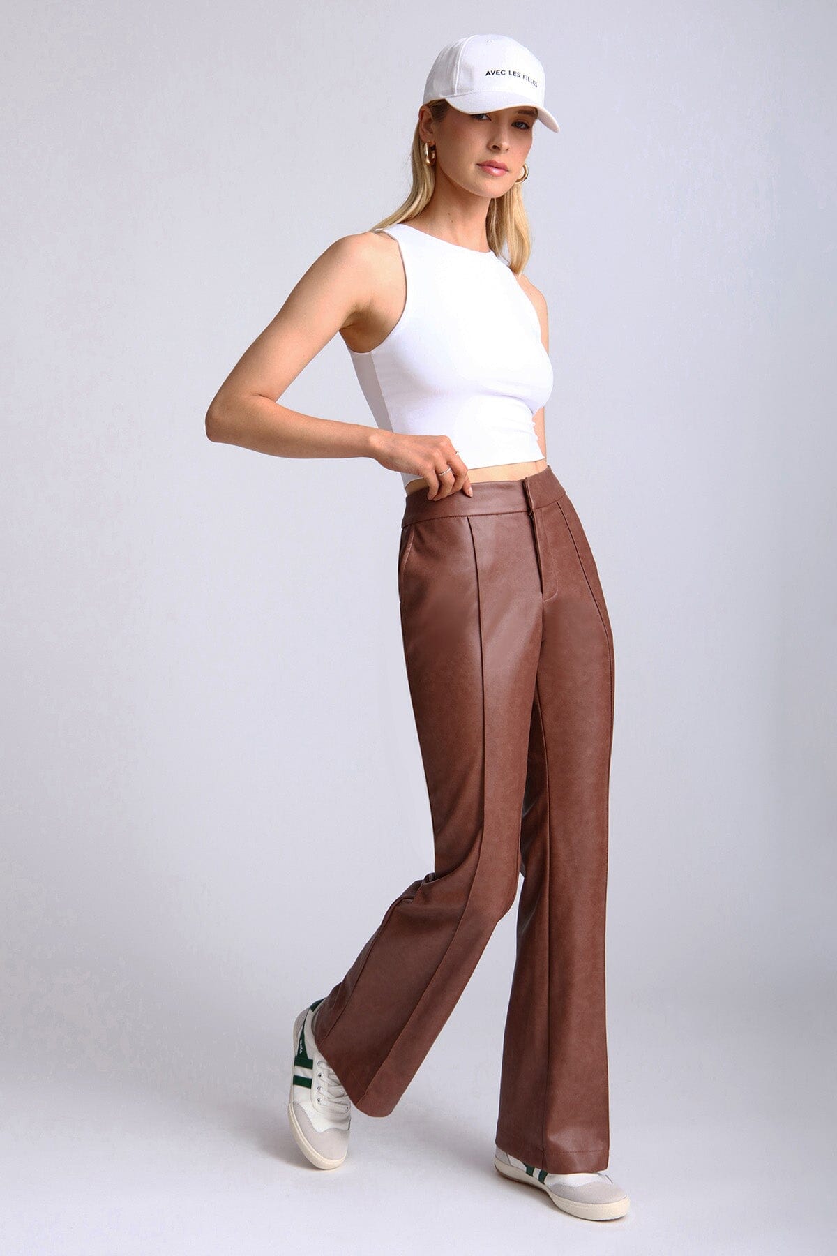 Brown faux leather high waisted flare leg trouser pants by Avec Les Filles
