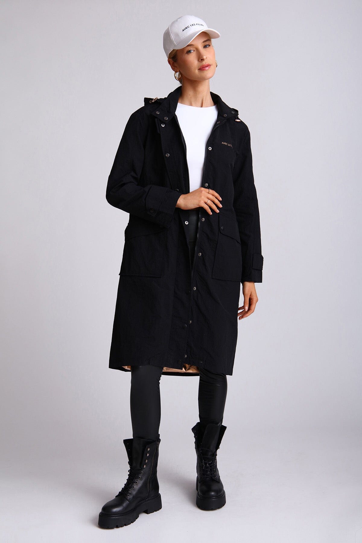 Black oversized nylon rain anorak long jacket - figure flattering fall 2023 fashion raincoats coats for ladies