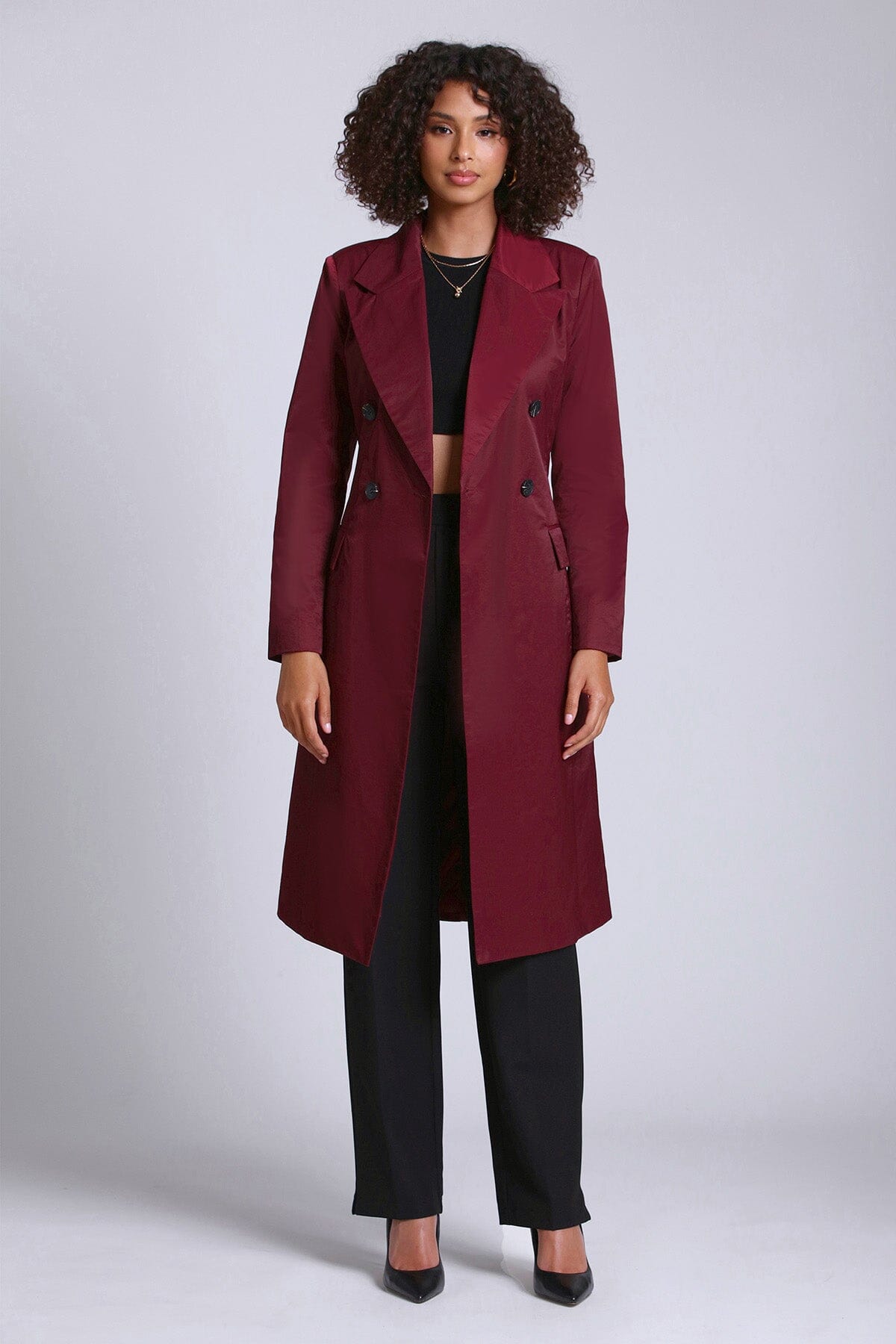 Women's Dark Red Cotton Nylon Belted Trench Coat Jacket