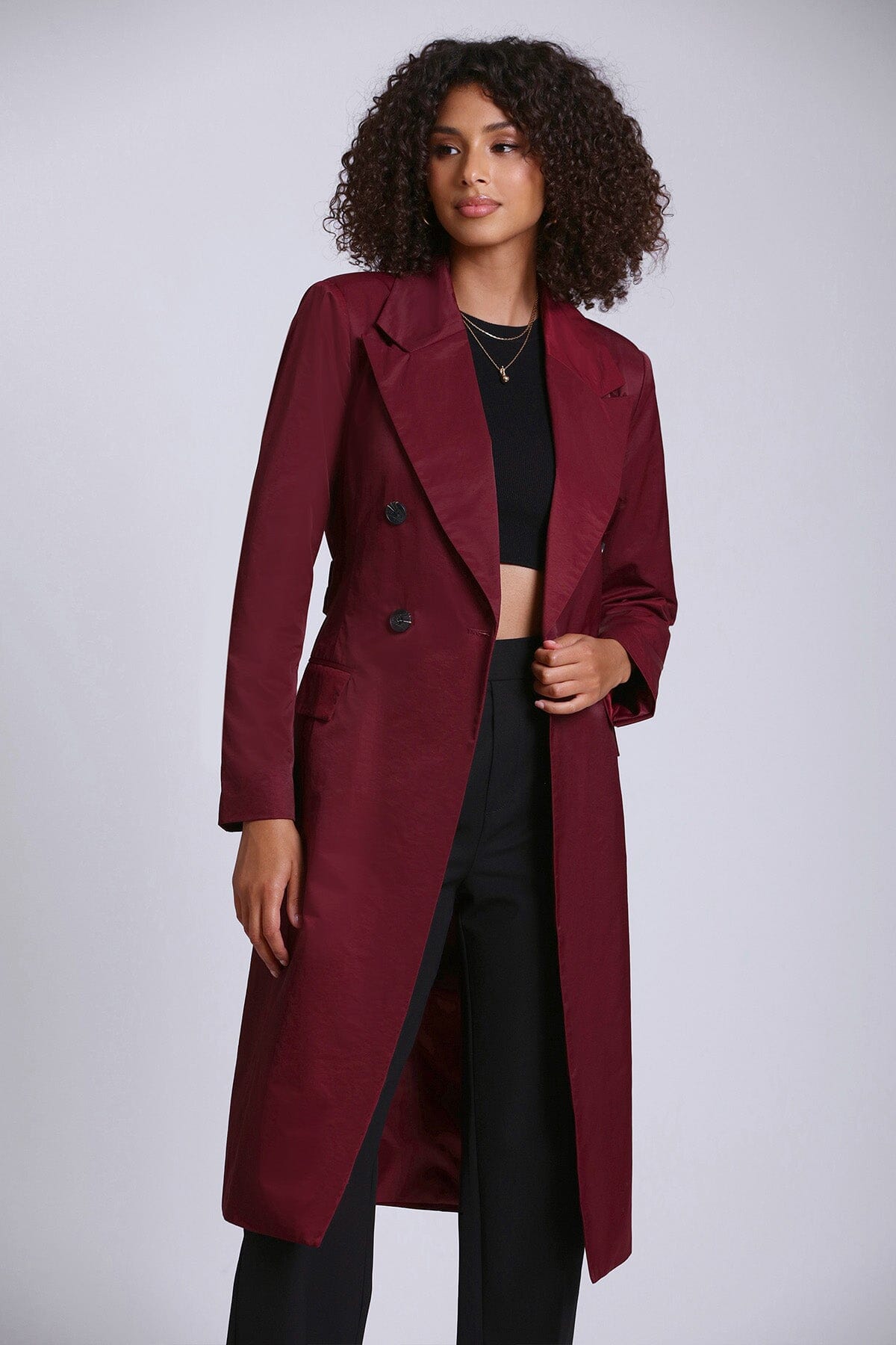 stretch cotton belted trench coat jacket burgundy red - figure flattering designer fashion day to night coats jackets for women