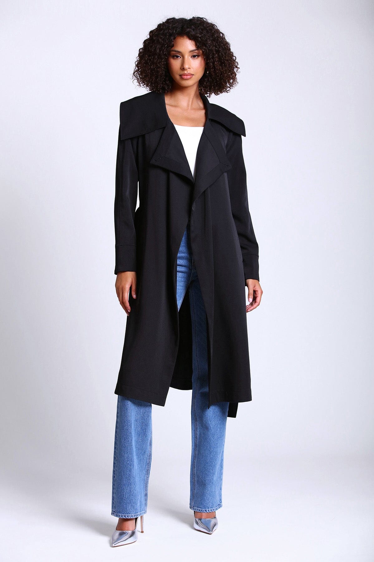 Black belted lightweight trench coat jacket - figure flattering office to date night coats for ladies