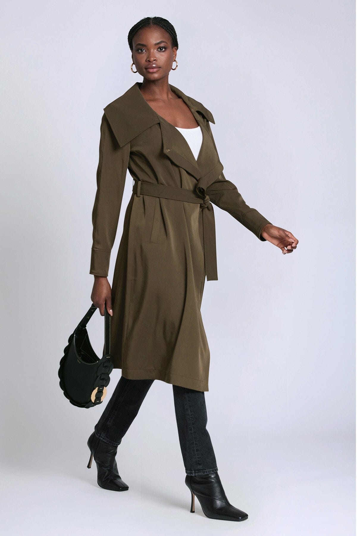 Mushroom green belted lightweight trench coat jacket - women's figure flattering work appropriate coats outerwear for fall fashion