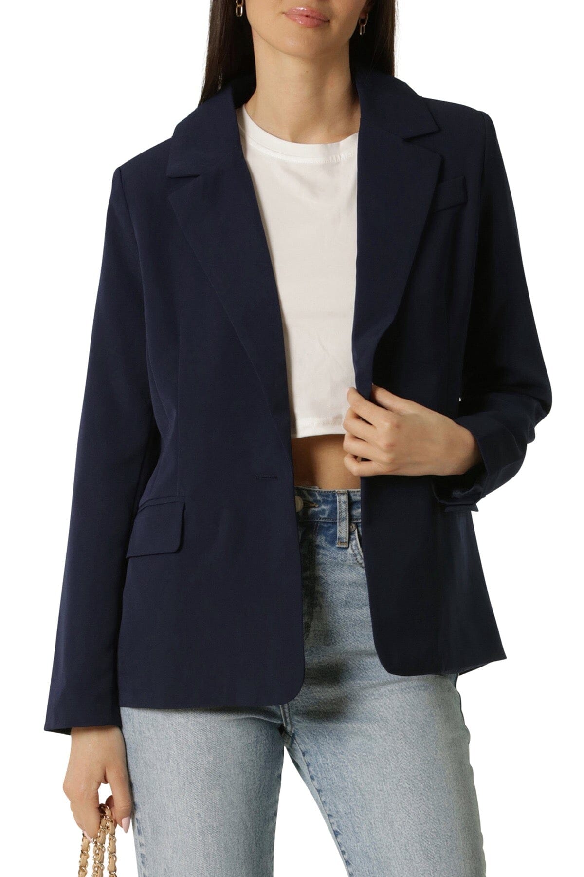 Navy blue figure flattering single button stretch suit blazer jacket coat women by Avec Les Filles