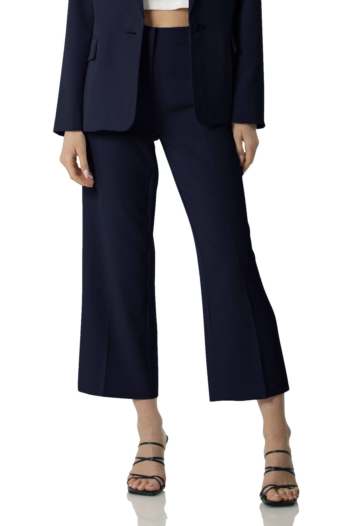 Navy blue figure flattering stretch straight leg cropped trouser trousers for women by Bagatelle