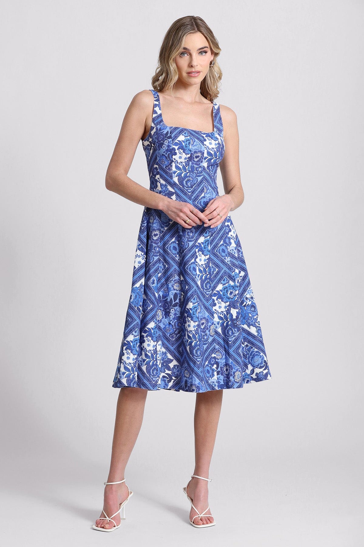 Blue patchwork floral linen blend fit and flare dress - figure flattering wedding guest dresses for ladies by Avec Les Filles
