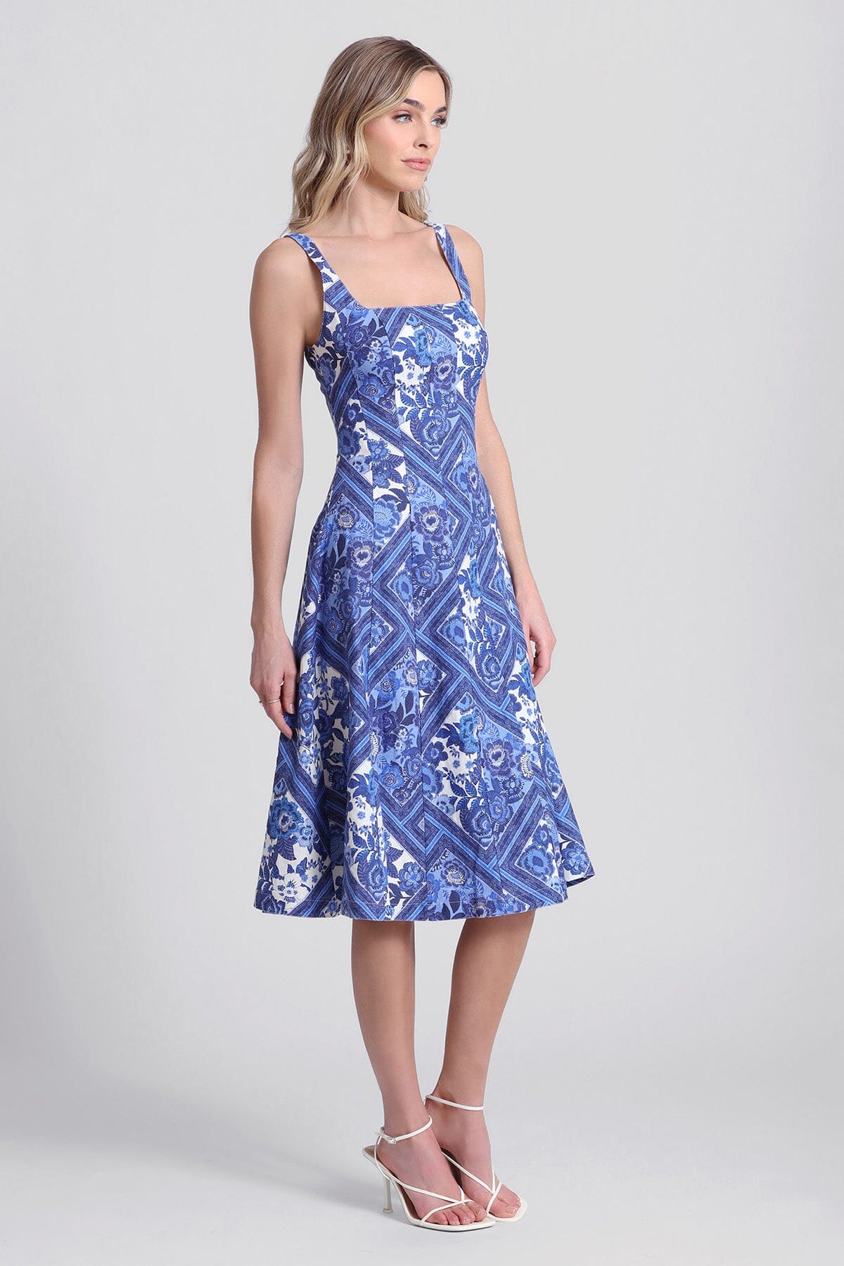 Blue patchwork floral linen blend fit and flare dress - figure flattering sun dresses for women's summer 2024 fashion trends by Avec Les Filles