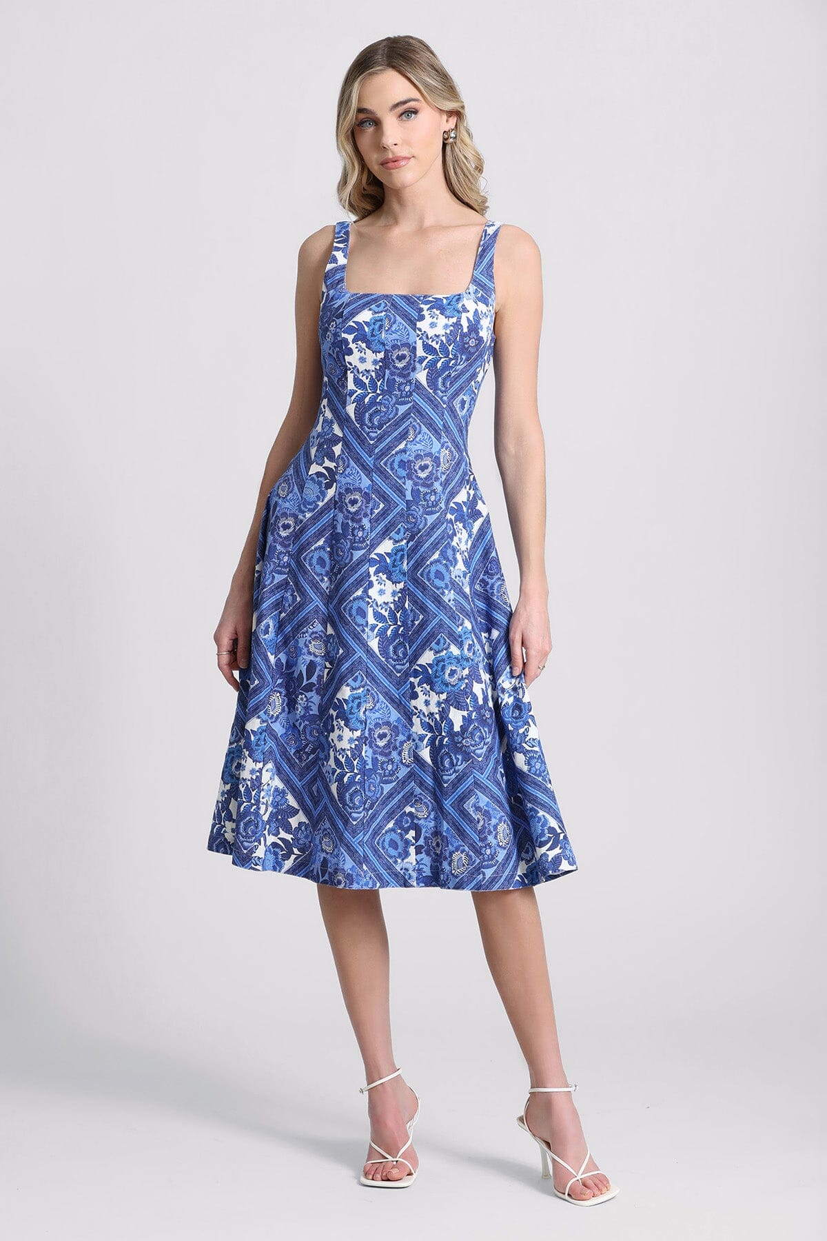 Figure flatteirng blue patchwork floral linen blend fit-and-flare dress for ladies by Avec Les Filles