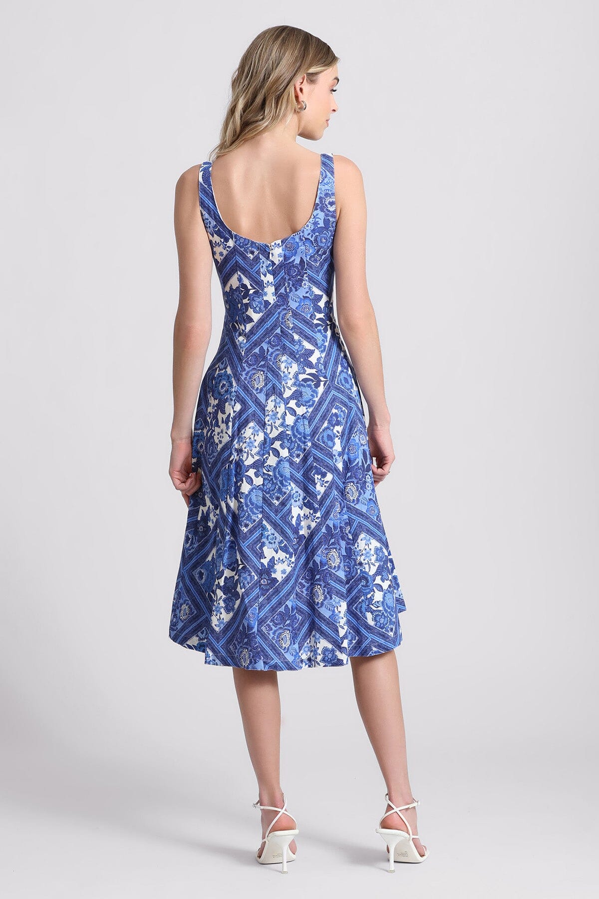 Blue patchwork floral linen blend fit and flare dress - figure flattering sun dresses for women's Spring 2024 fashion trends by Avec Les Filles