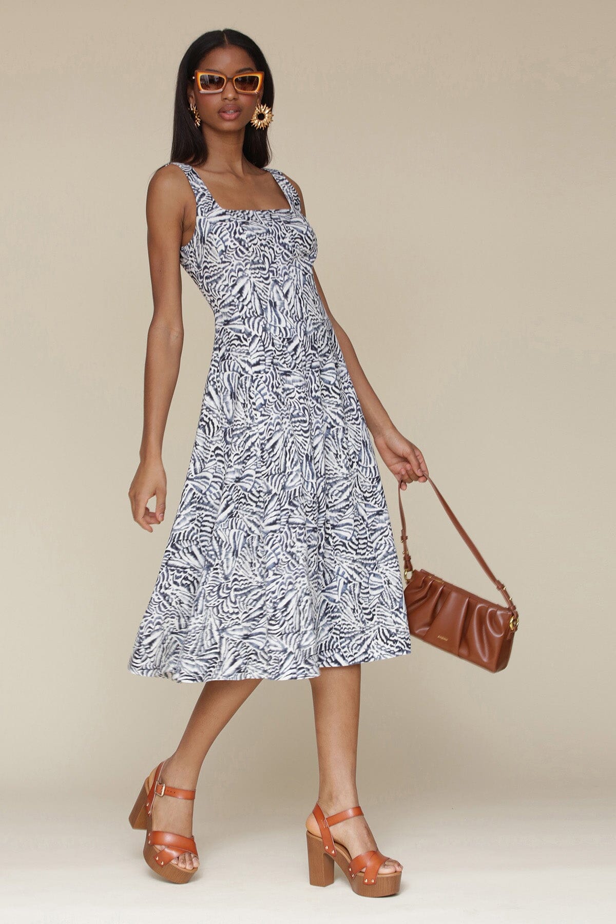 White black abstract printed linen blend sleeveless midi dress with square neckline and hidden back zipper closure - Cute women's dresses by Avec Les Filles