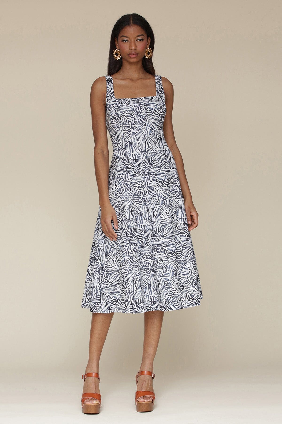 White black abstract printed linen blend sleeveless midi dress with square neckline and hidden back zipper closure - Cute women's dresses by Avec Les Filles