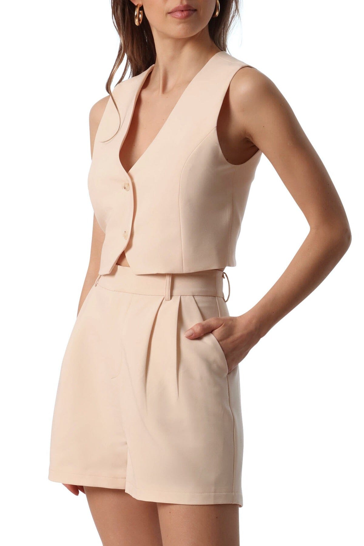 cropped stretch suit vest top ivory off white - figure flattering designer fashion tops for women