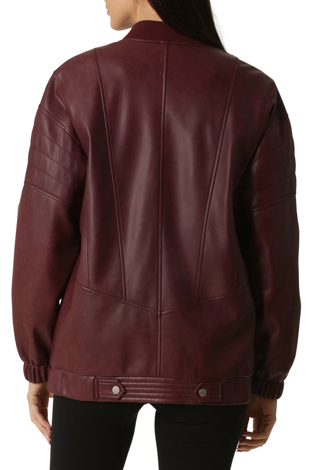 Zinfandel red faux ever vegan leather relaxed bomber jacket coat - women's figure flattering fashion jackets outerwear for fall 2023