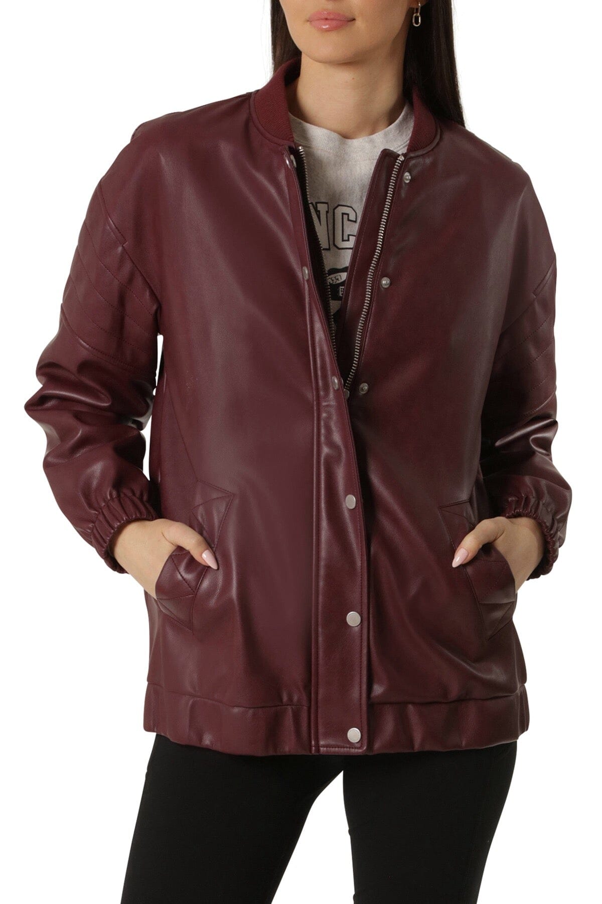 Zinfandel red faux ever vegan leather relaxed bomber jacket coat - women's figure flattering bombers jackets coats for fall 2023 trends