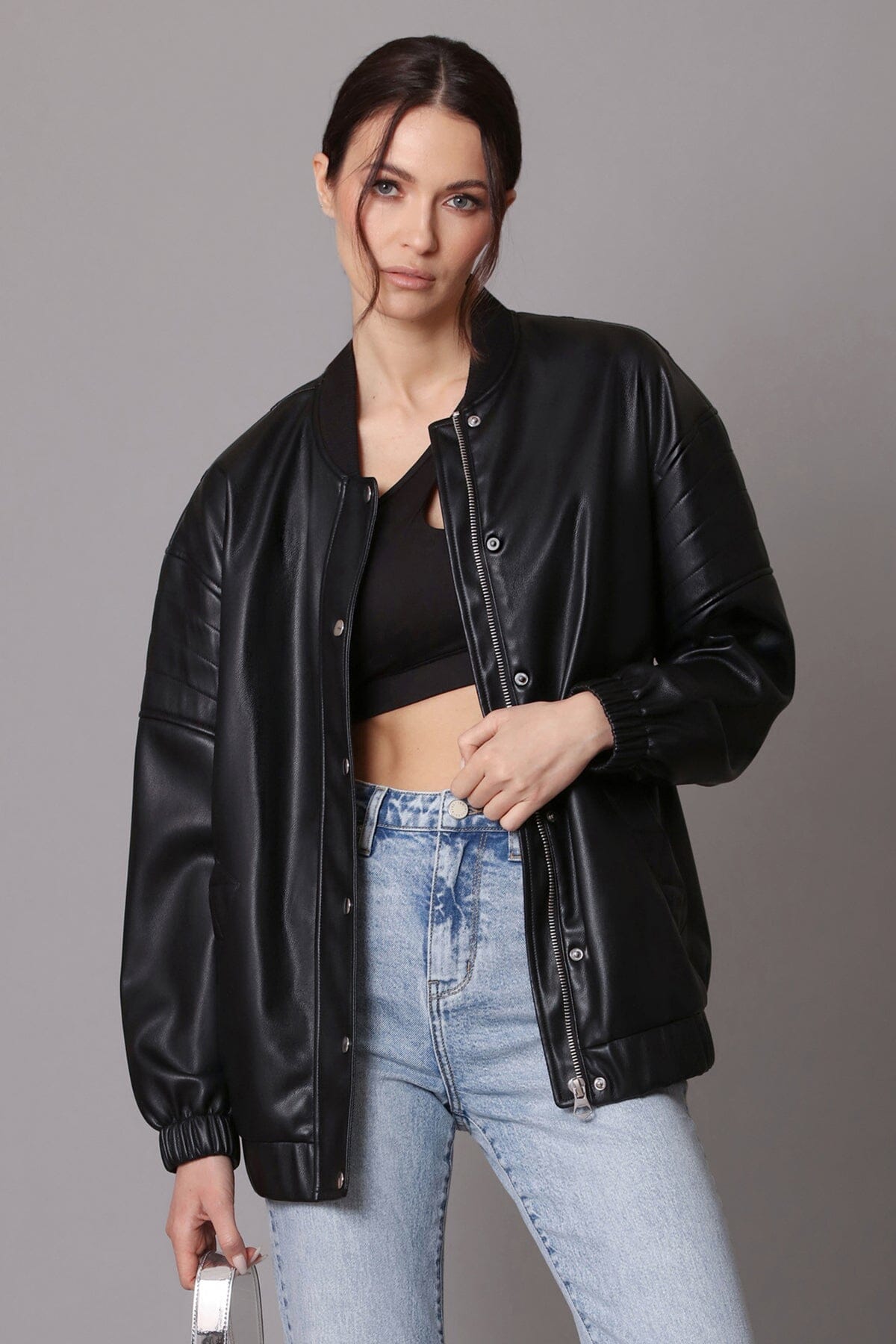 Black faux ever vegan leather relaxed bomber jacket coat - figure flattering streetwear style bombers jackets for ladies