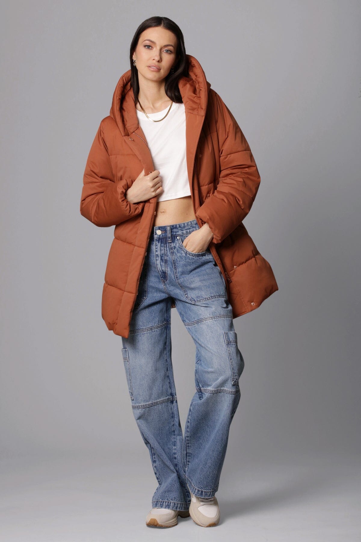 star quilted thermal puff wrap puffer coat jacket cedar brown - women's figure flattering designer fashion streetwear coats jackets outerwear