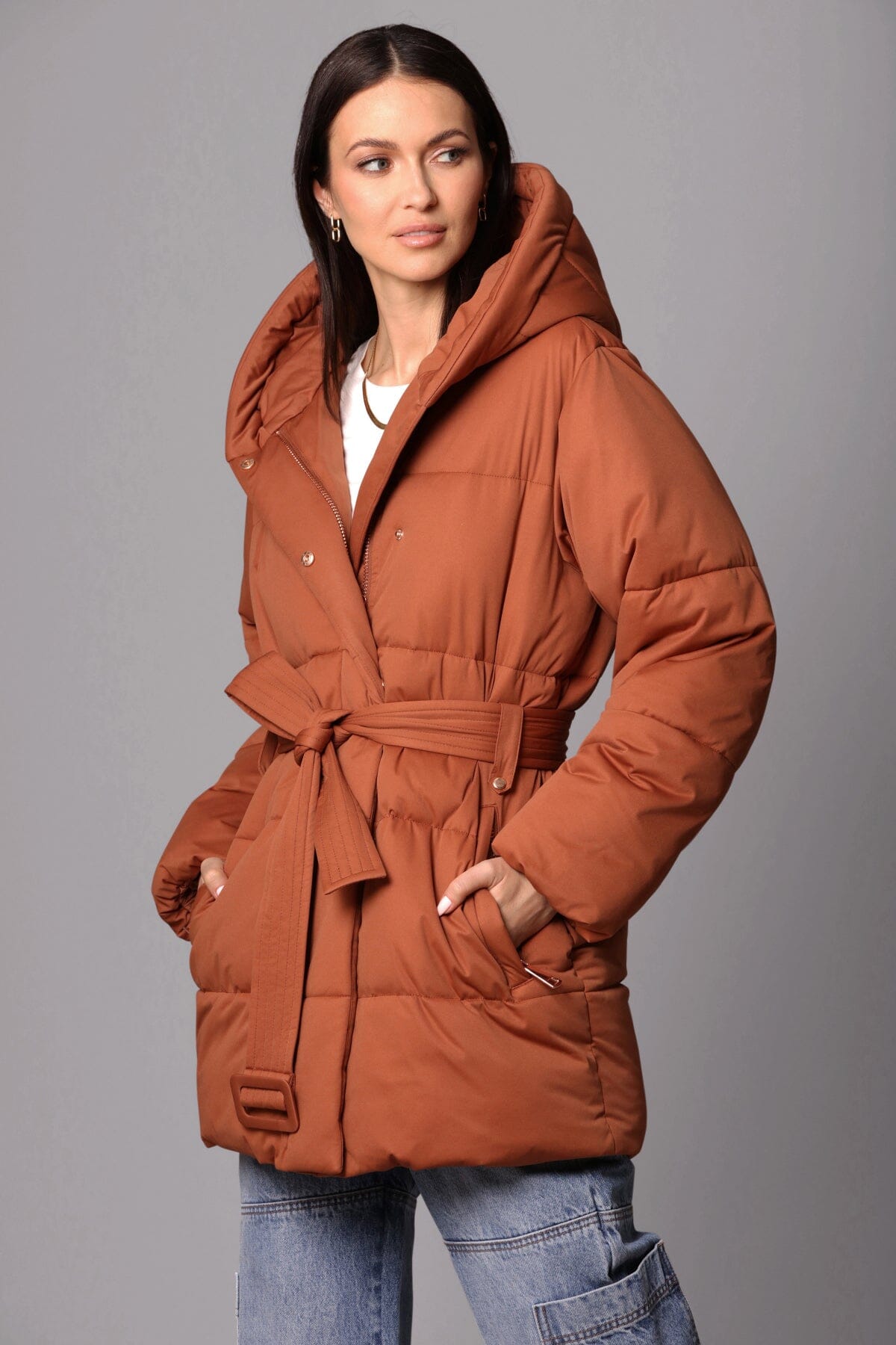 star quilted thermal puff wrap puffer coat jacket cedar brown - women's figure flattering designer fashion cute fall 2023 coats jackets outerwear