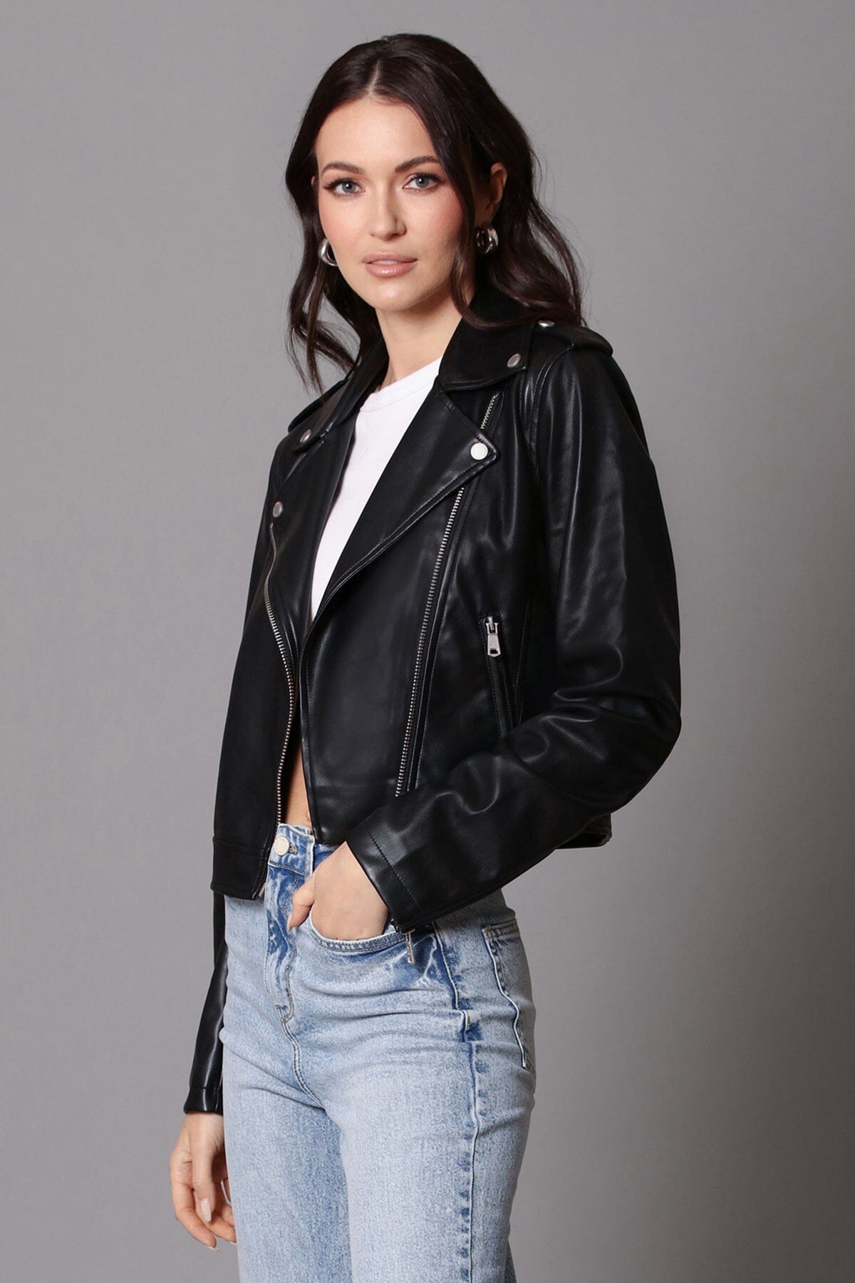 faux ever leather classic biker jacket black - figure flattering designer fashion date night jackets for women