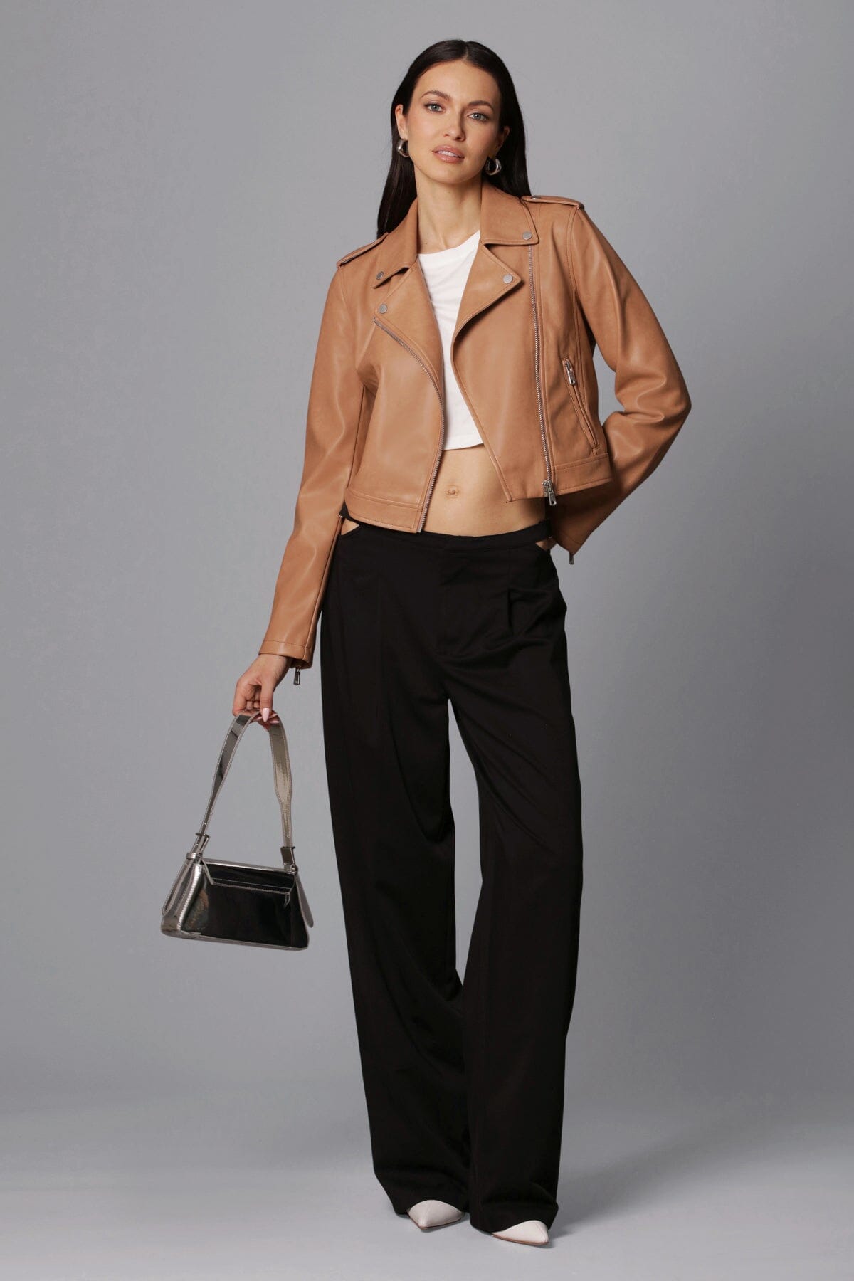 faux ever leather classic biker jacket camel brown - figure flattering designer fashion office to date night jackets for women